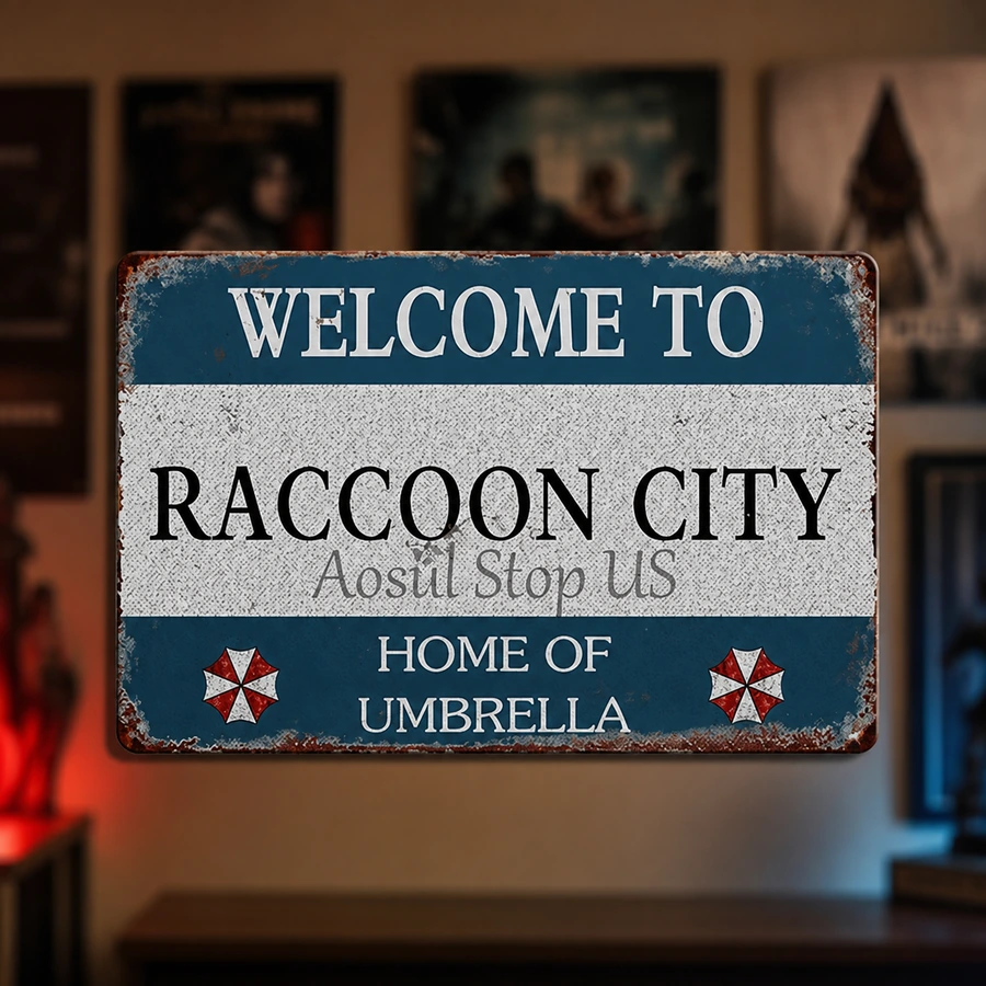 Metal Tin Sign Personality Retro Resident Welcome to Raccoon City Umbrella Sign Home Home Metal Tin Sign 12X8 IN
